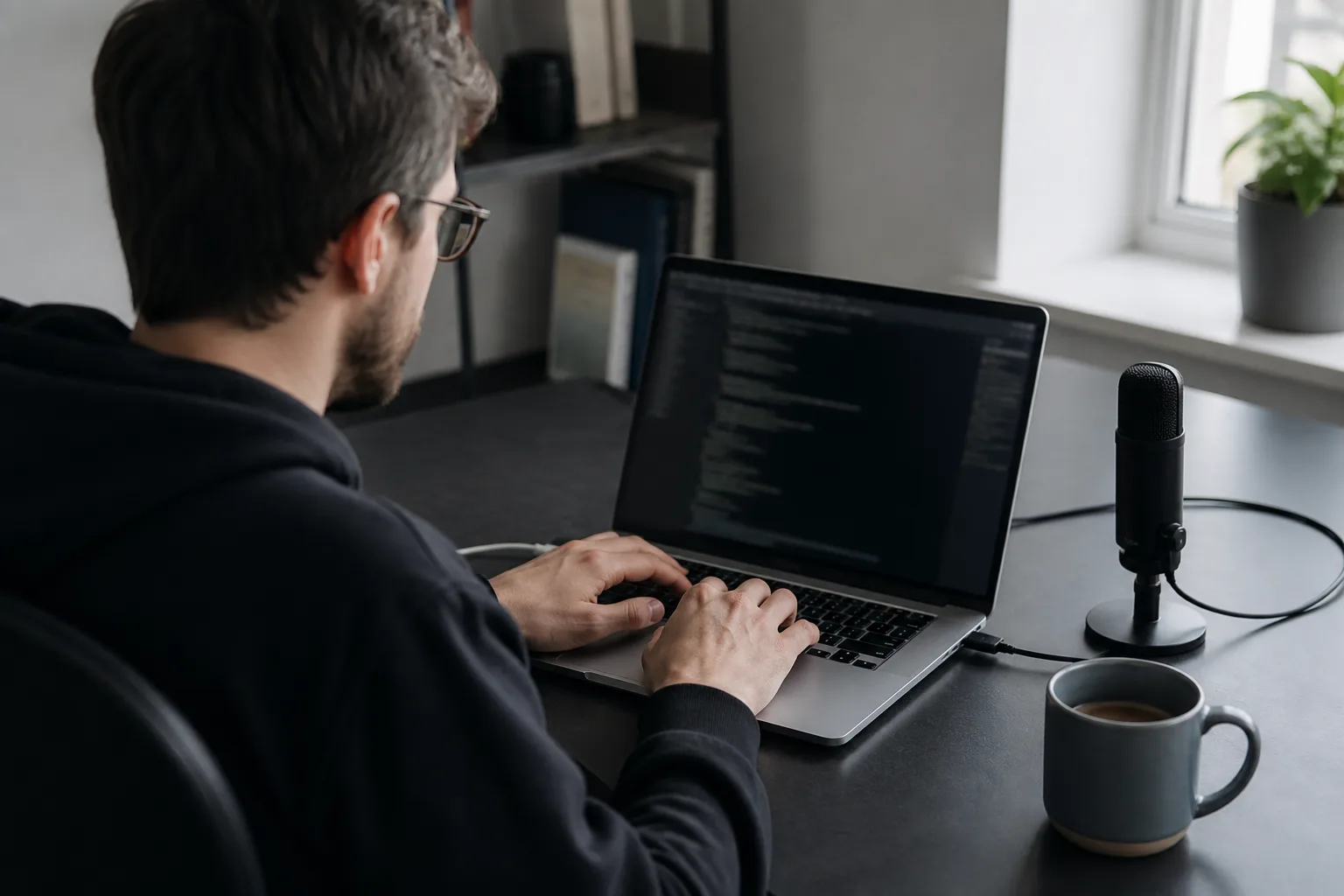 A developer tests a voice API on a laptop beside a small microphone