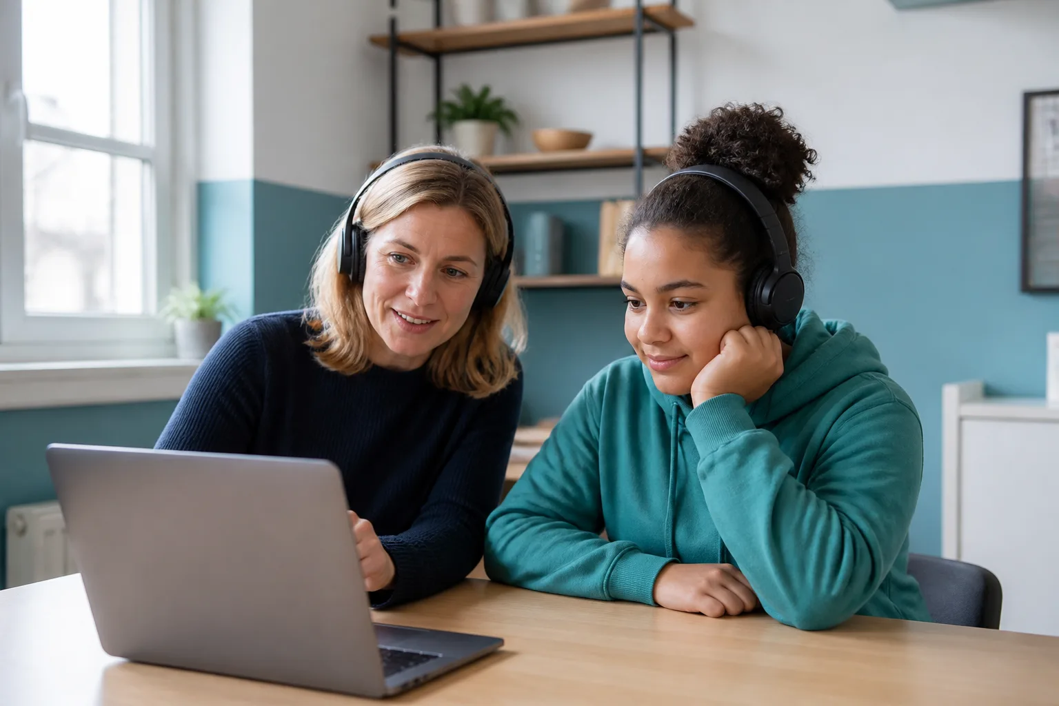 A teacher and learner listen to lesson audio on a laptop wearing headphones