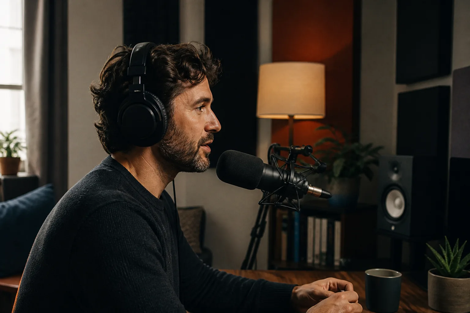 A person records spoken narration into a studio microphone while wearing headphones