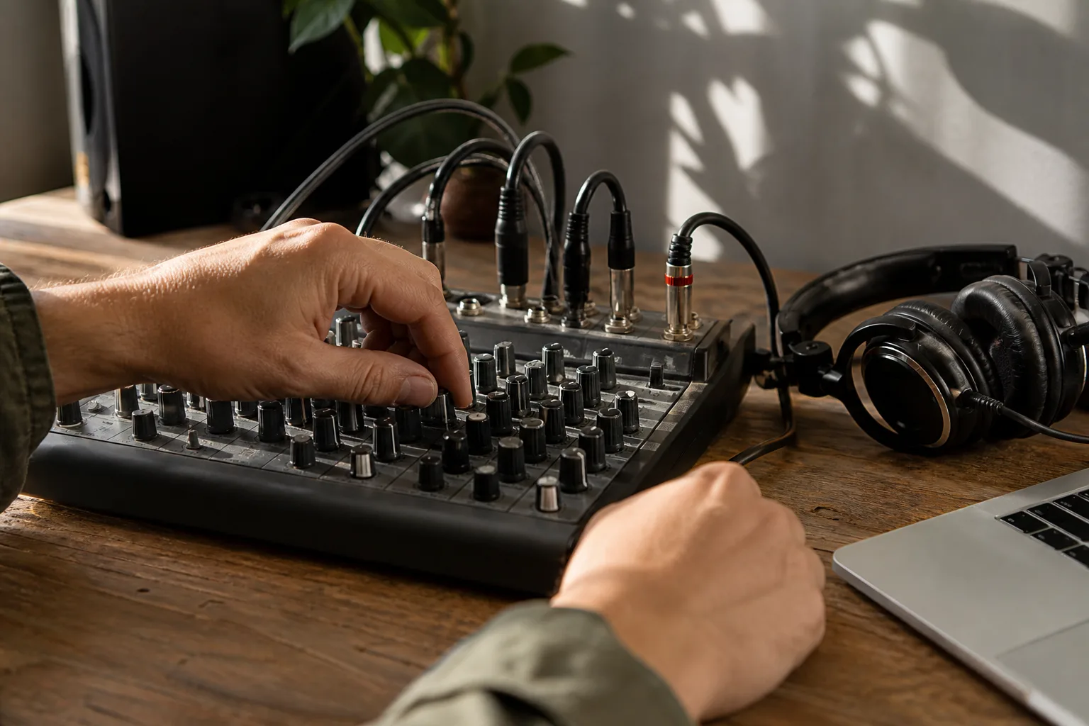 A condenser microphone and headphones beside a laptop with a blurred audio waveform