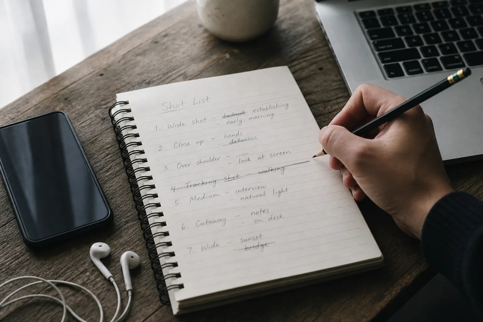 A hand-written pencil shot list beside headphones and a laptop