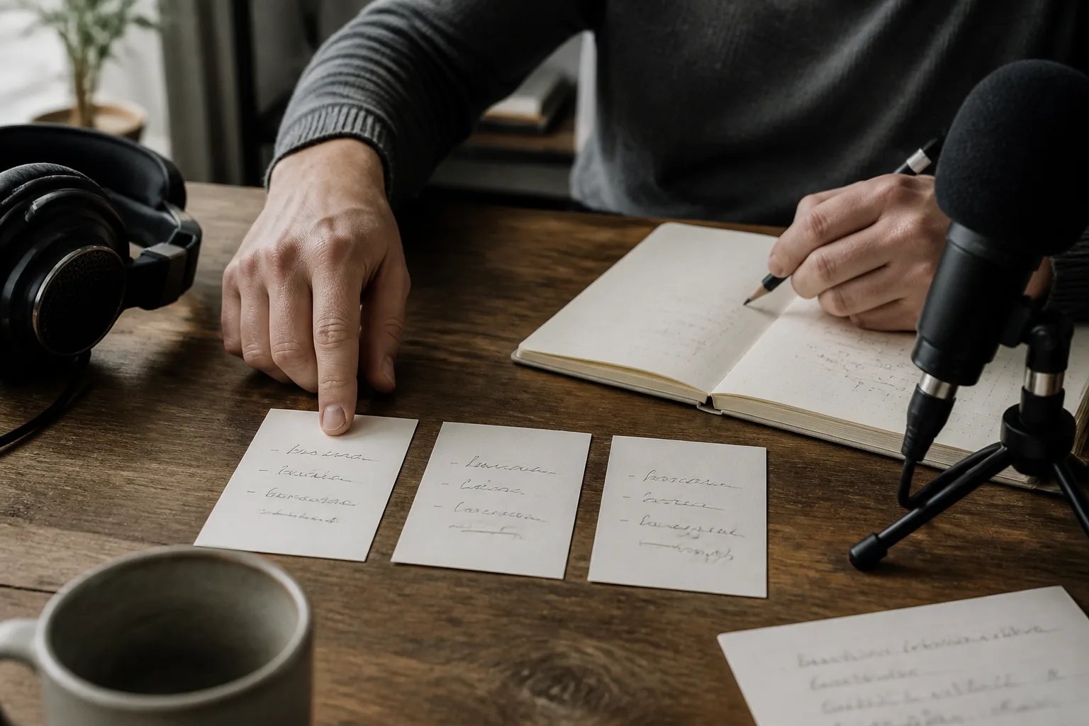 Three hand-written pencil cards beside headphones and a small microphone